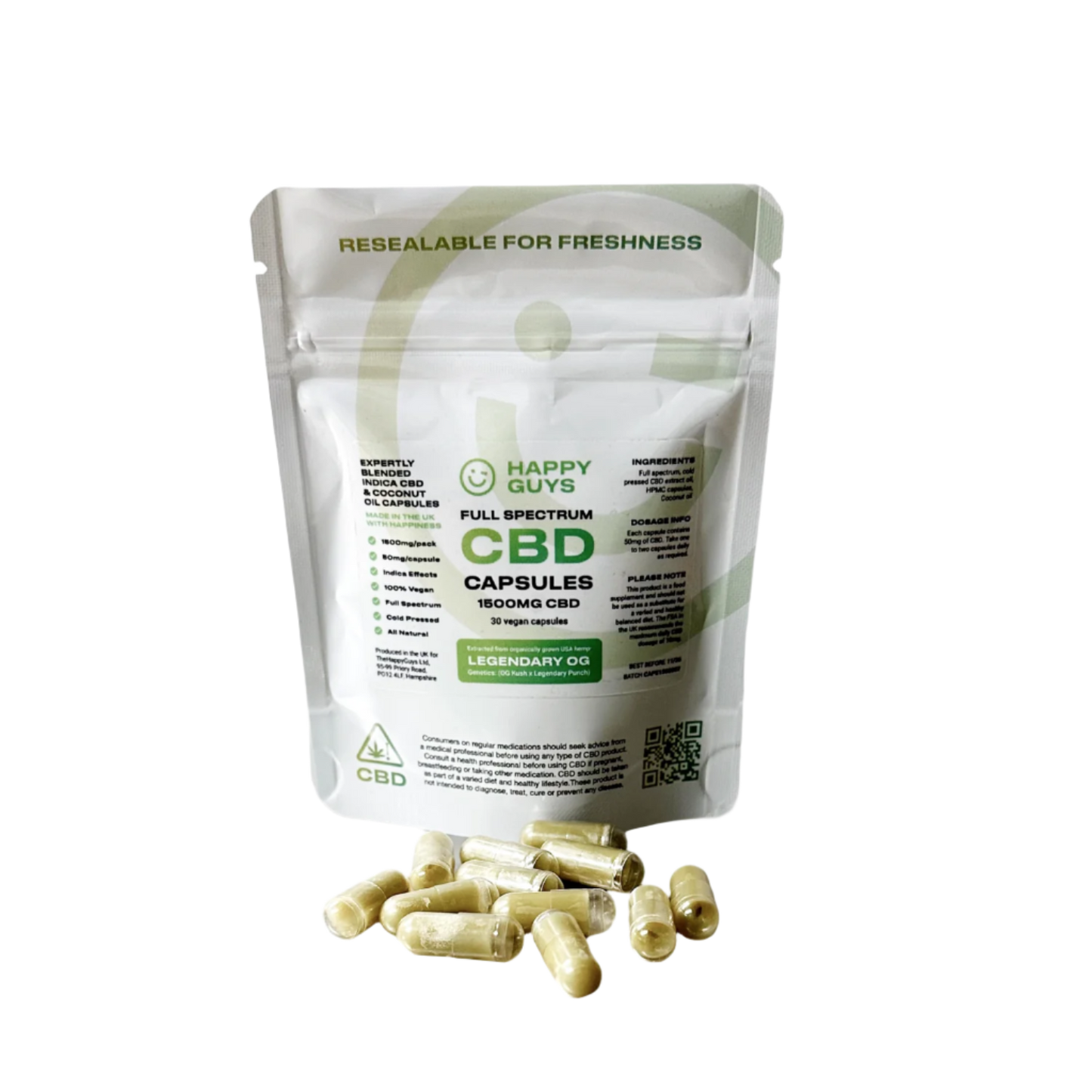 1500mg CBD Happy Caps Full Spectrum Indica Capsules (Legendary OG)