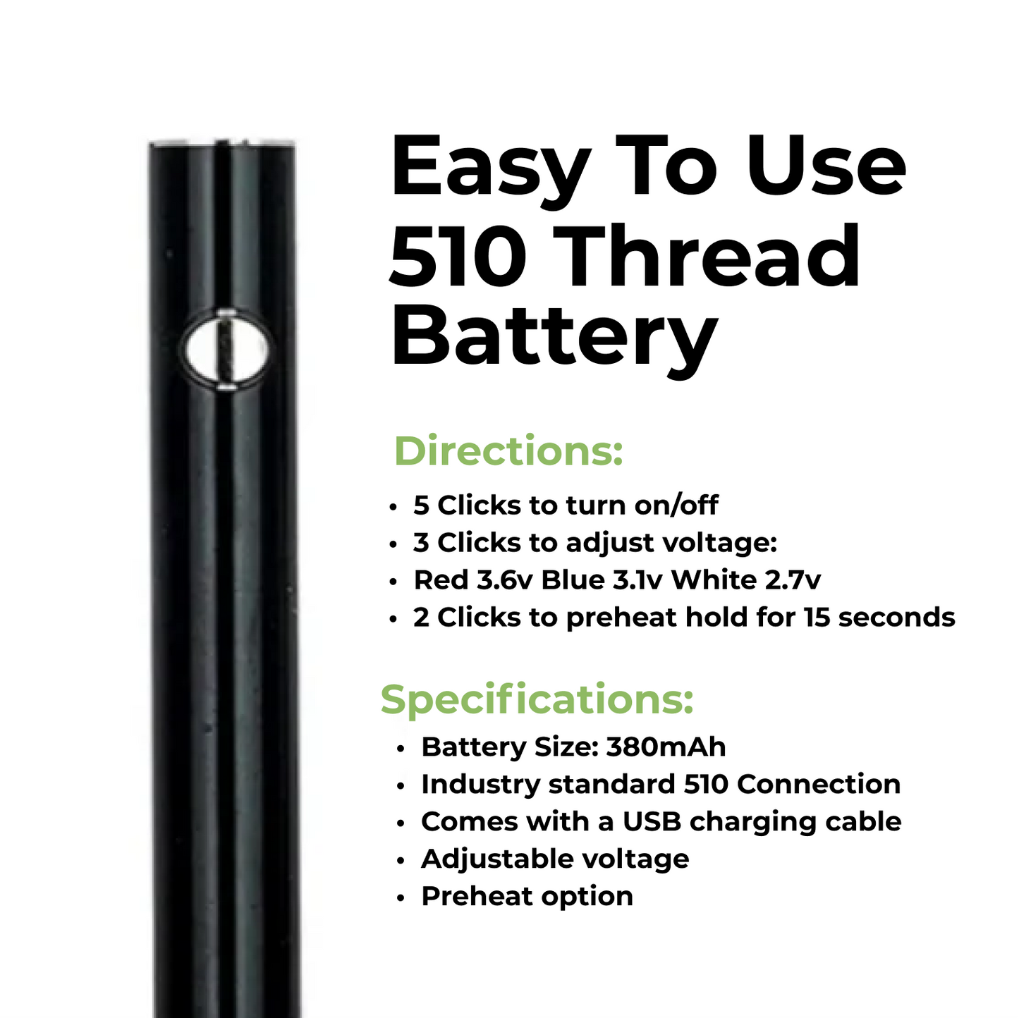 510 Thread Max Battery 380mAh Vape Pen with USB Cable